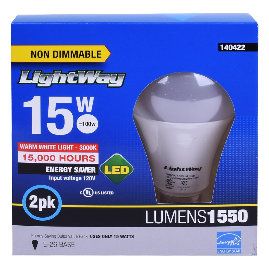 LightWay 15W=100W A19 LED Light Bulb 2pc